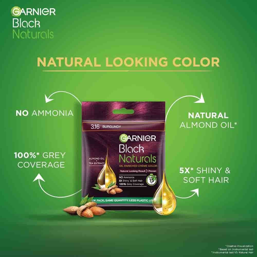 Garnier Black Naturals Oil Enriched Creme Hair Colour - Burgundy Shade 3.16 - 20g + 20ml